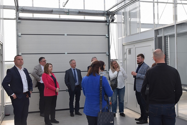 Uczestnicy spotkania stojący na korytarzu w szklarni